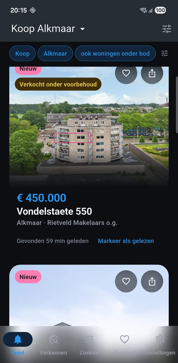 The app showing a for-sale search for Alkmaar: new homes with
               asking price, floor area and the number of rooms.