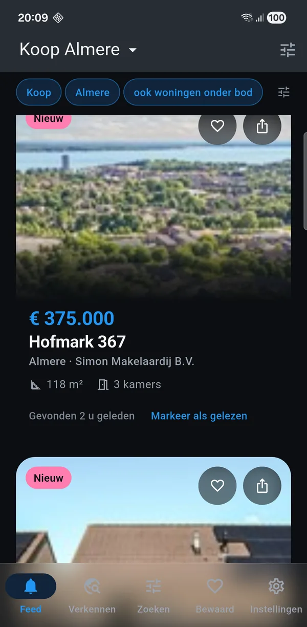 The app showing a for-sale search for Almere: new homes with
               asking price, floor area and the number of rooms.
