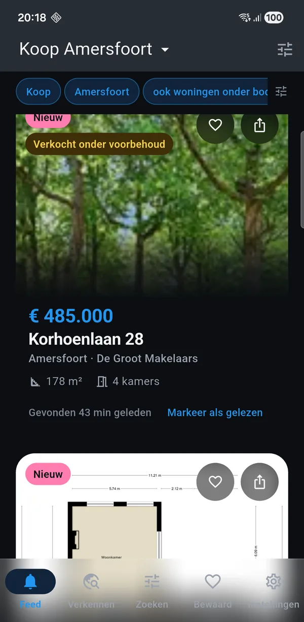 The app showing a for-sale search for Amersfoort: new homes with
               asking price, floor area and the number of rooms.