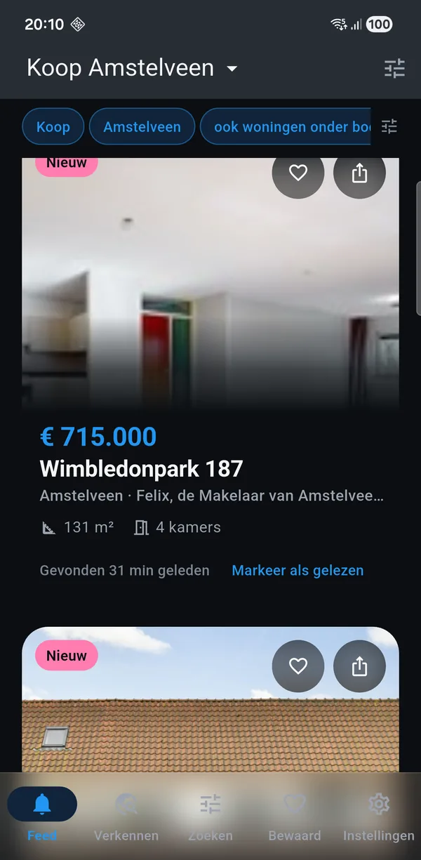 The app showing a for-sale search for Amstelveen: new homes with
asking price, floor area and the number of rooms.