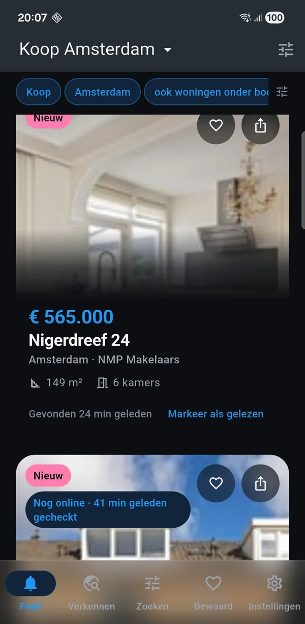 The app showing a for-sale search for Amsterdam: new homes with
               asking price, floor area and the number of rooms.