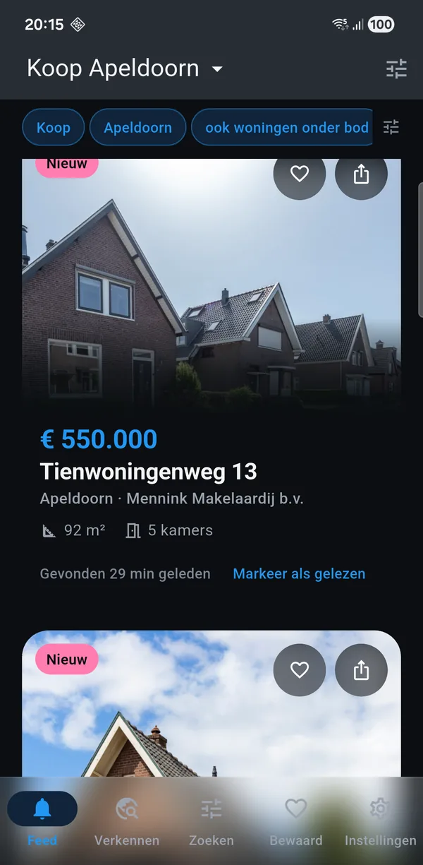 The app showing a for-sale search for Apeldoorn: new homes with
asking price, floor area and the number of rooms.