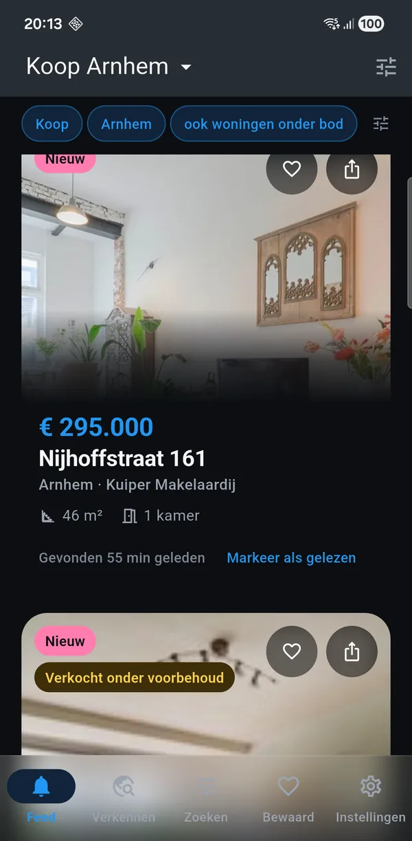 The app showing a for-sale search for Arnhem: new homes with
asking price, floor area and the number of rooms.