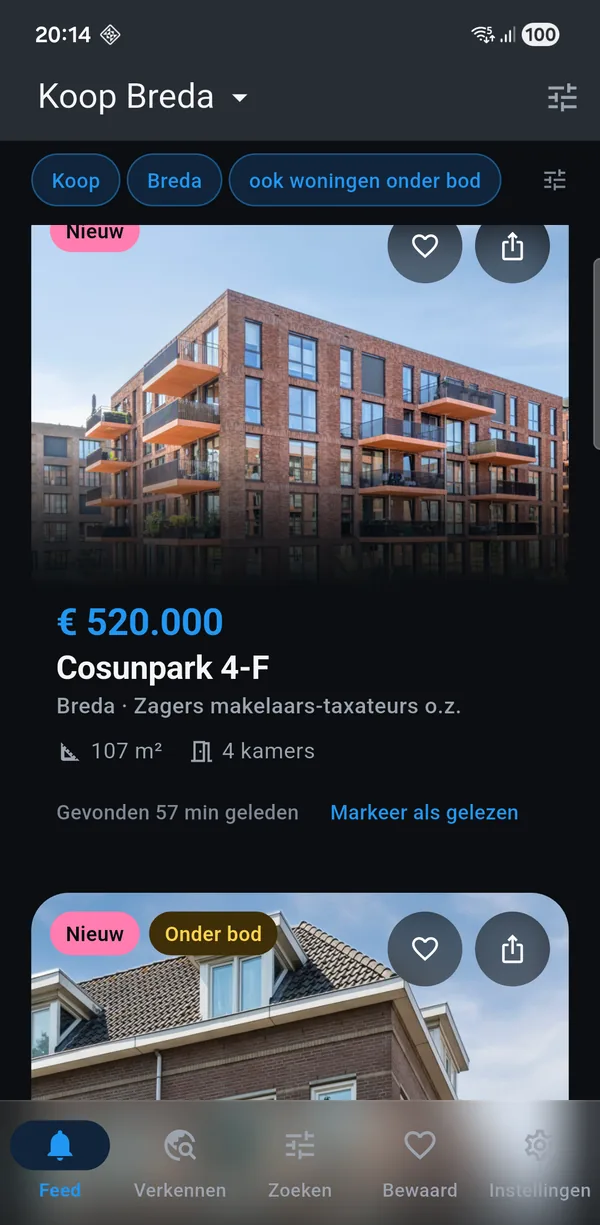 The app showing a for-sale search for Breda: new homes with
               asking price, floor area and the number of rooms.