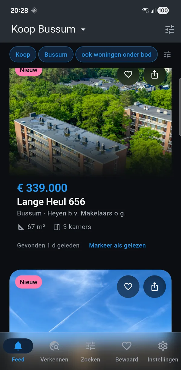 The app showing a for-sale search for Bussum: new homes with
               asking price, floor area and the number of rooms.