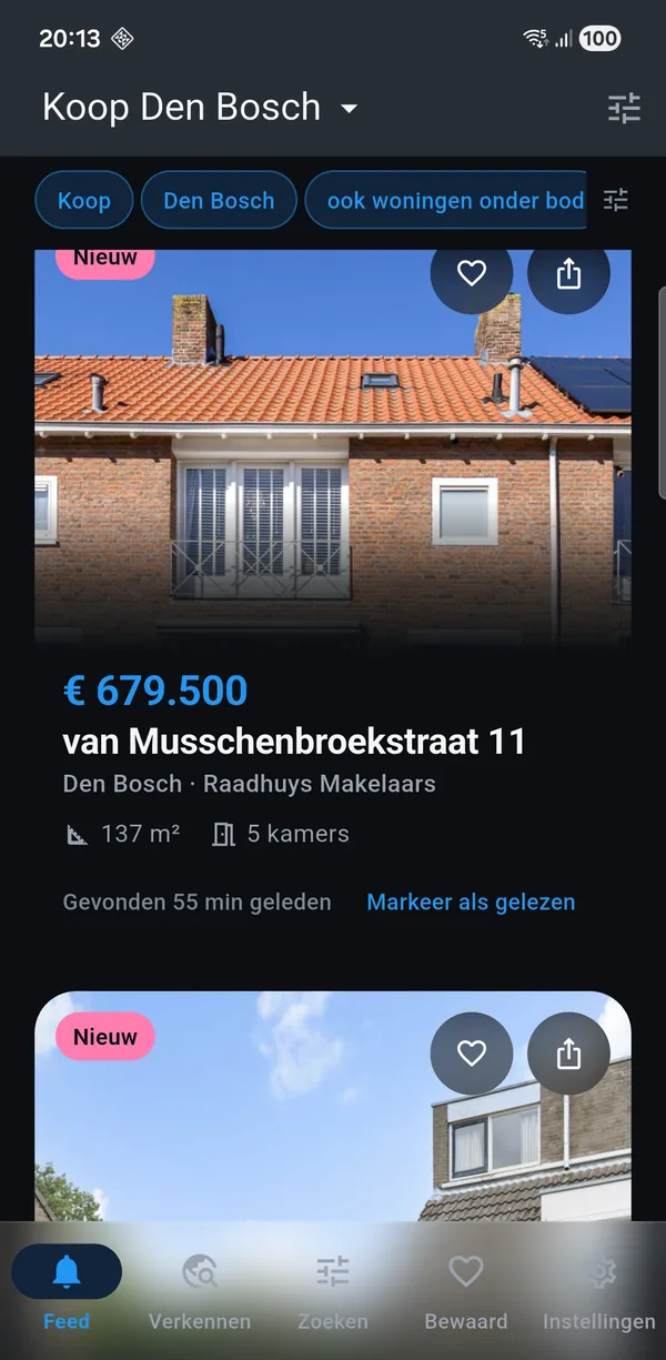 The app showing a for-sale search for Den Bosch: new homes with
asking price, floor area and the number of rooms.