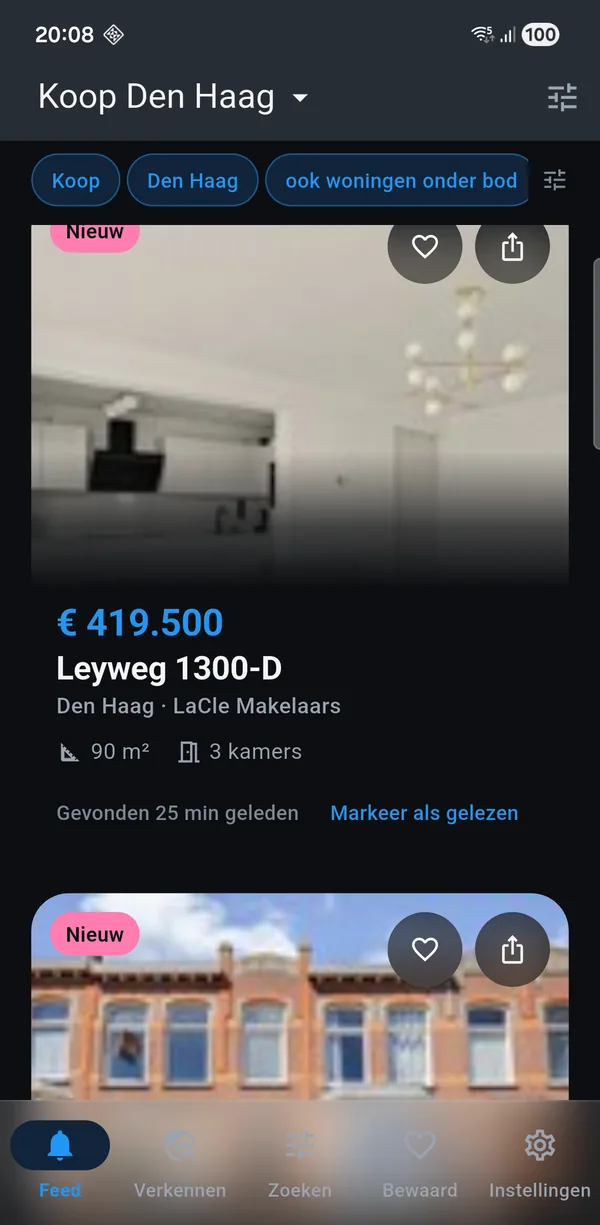 The app showing a for-sale search for Den Haag: new homes with
asking price, floor area and the number of rooms.