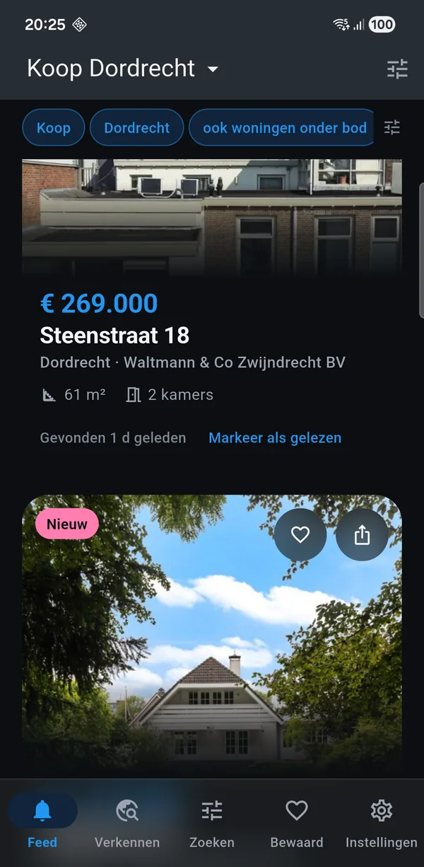The app showing a for-sale search for Dordrecht: new homes with
               asking price, floor area and the number of rooms.