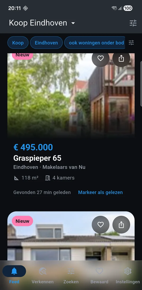 The app showing a for-sale search for Eindhoven: new homes with
asking price, floor area and the number of rooms.