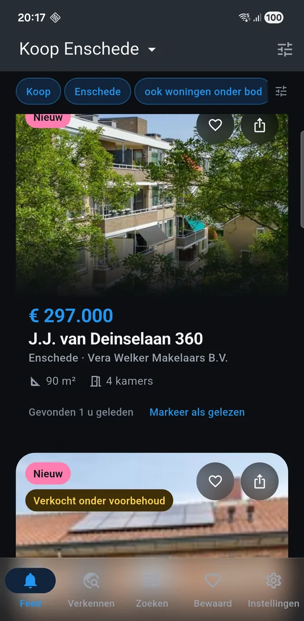 The app showing a for-sale search for Enschede: new homes with
               asking price, floor area and the number of rooms.