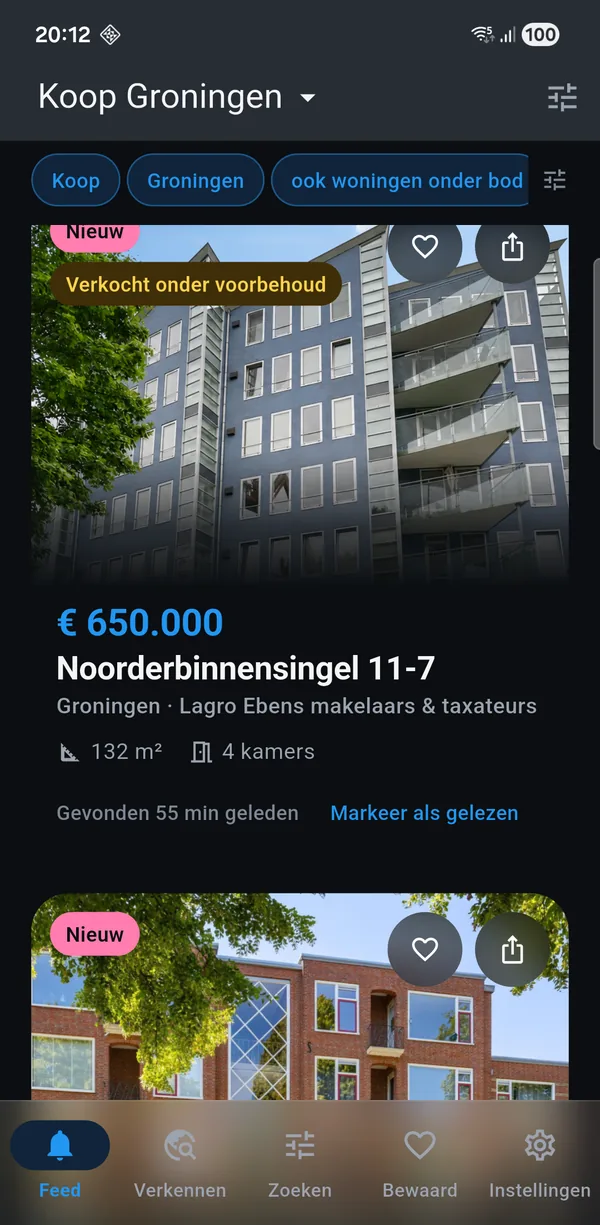 The app showing a for-sale search for Groningen: new homes with
asking price, floor area and the number of rooms.