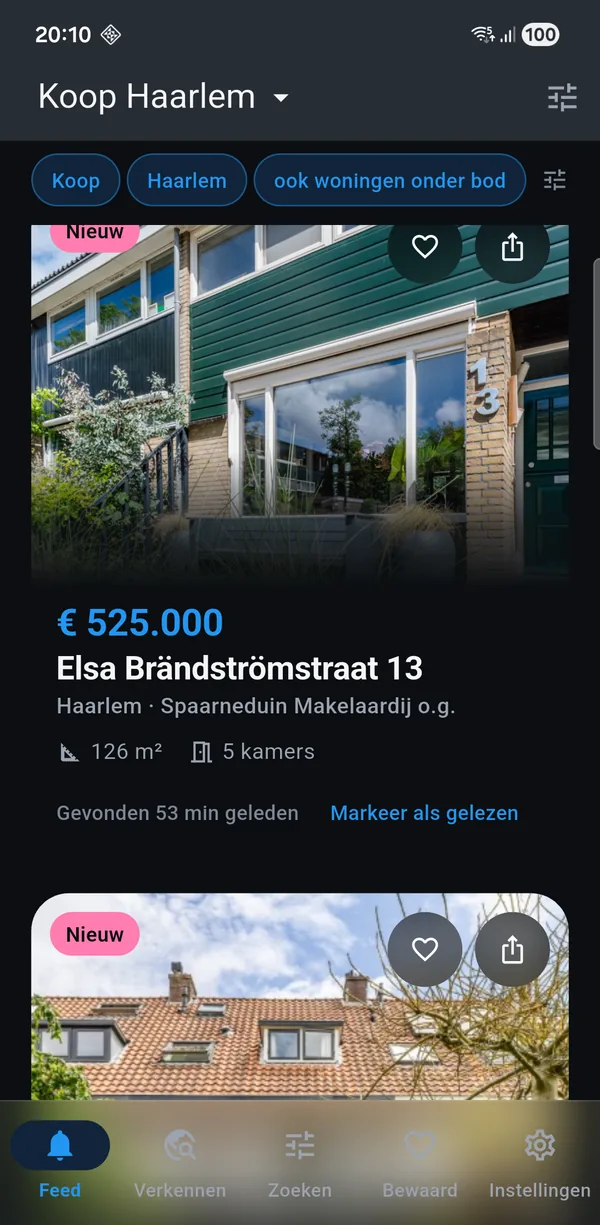 The app showing a for-sale search for Haarlem: new homes with
               asking price, floor area and the number of rooms.