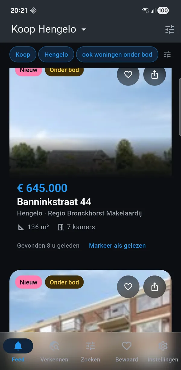 The app showing a for-sale search for Hengelo: new homes with
asking price, floor area and the number of rooms.
