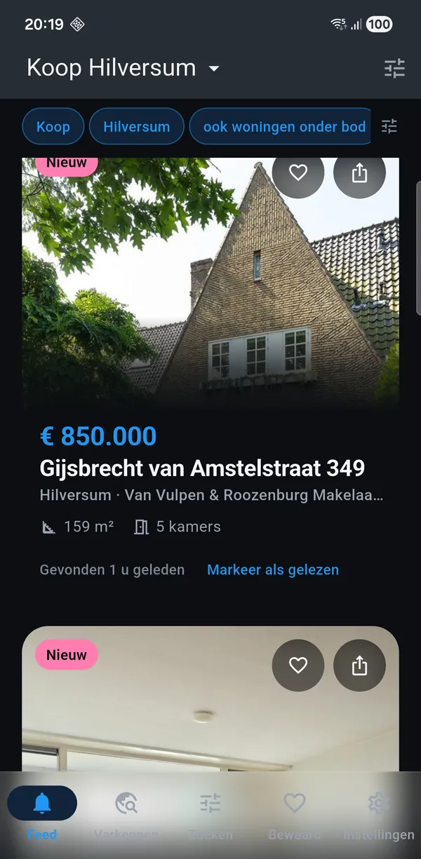 The app showing a for-sale search for Hilversum: new homes with
asking price, floor area and the number of rooms.