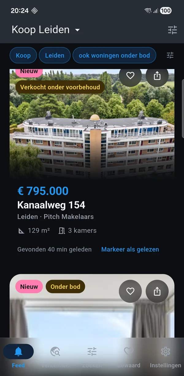 The app showing a for-sale search for Leiden: new homes with
asking price, floor area and the number of rooms.
