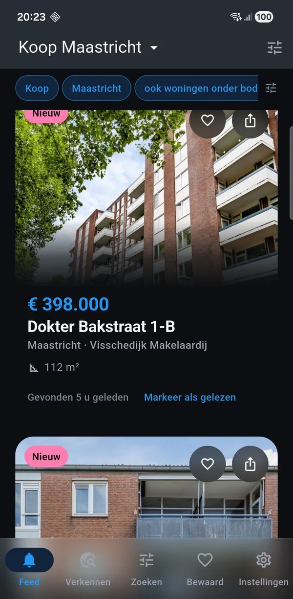 The app showing a for-sale search for Maastricht: new homes with
asking price, floor area and the number of rooms.