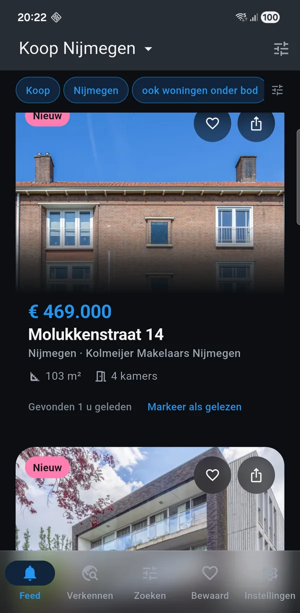The app showing a for-sale search for Nijmegen: new homes with
               asking price, floor area and the number of rooms.