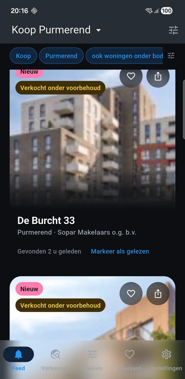 The app showing a for-sale search for Purmerend: new homes with
asking price, floor area and the number of rooms.