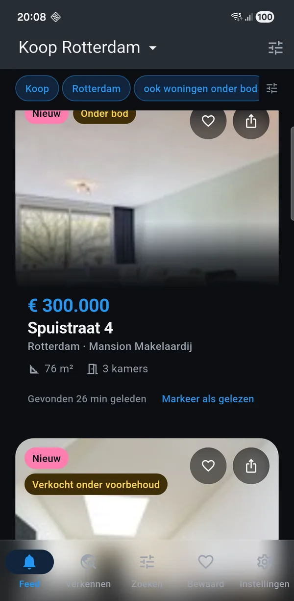 The app showing a for-sale search for Rotterdam: new homes with
               asking price, floor area and the number of rooms.