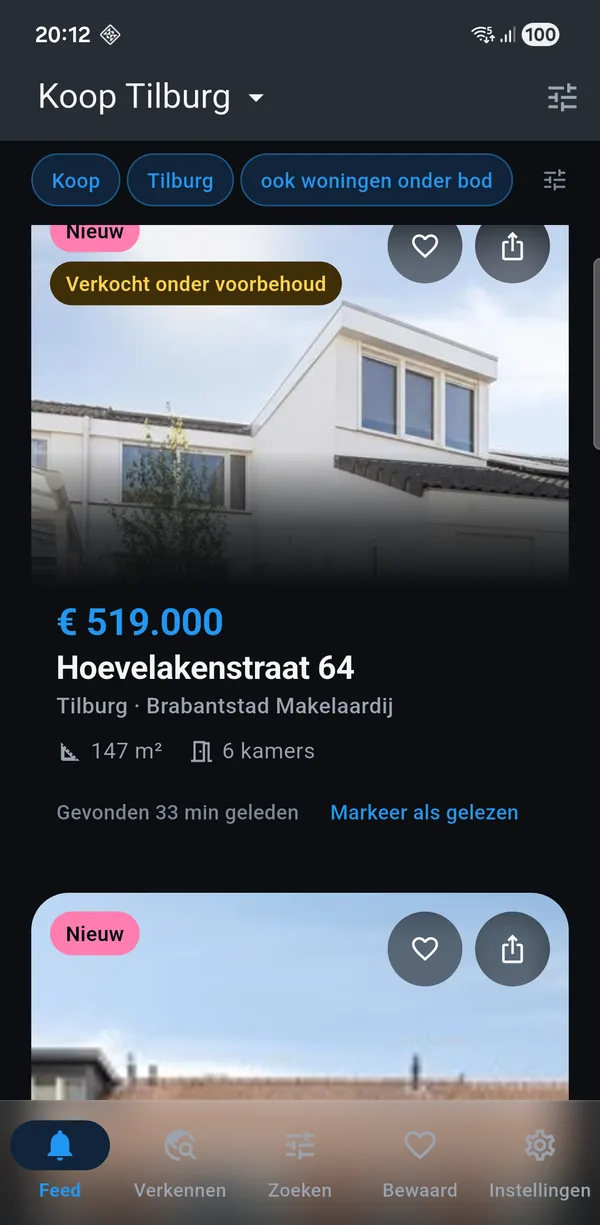The app showing a for-sale search for Tilburg: new homes with
               asking price, floor area and the number of rooms.