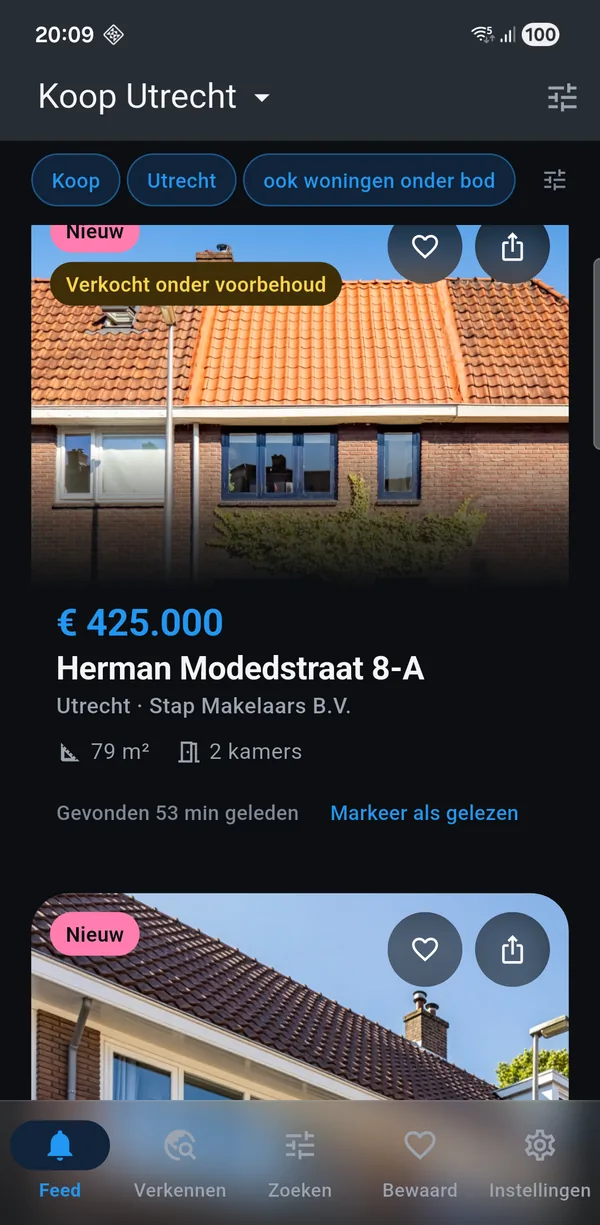 The app showing a for-sale search for Utrecht: new homes with
               asking price, floor area and the number of rooms.