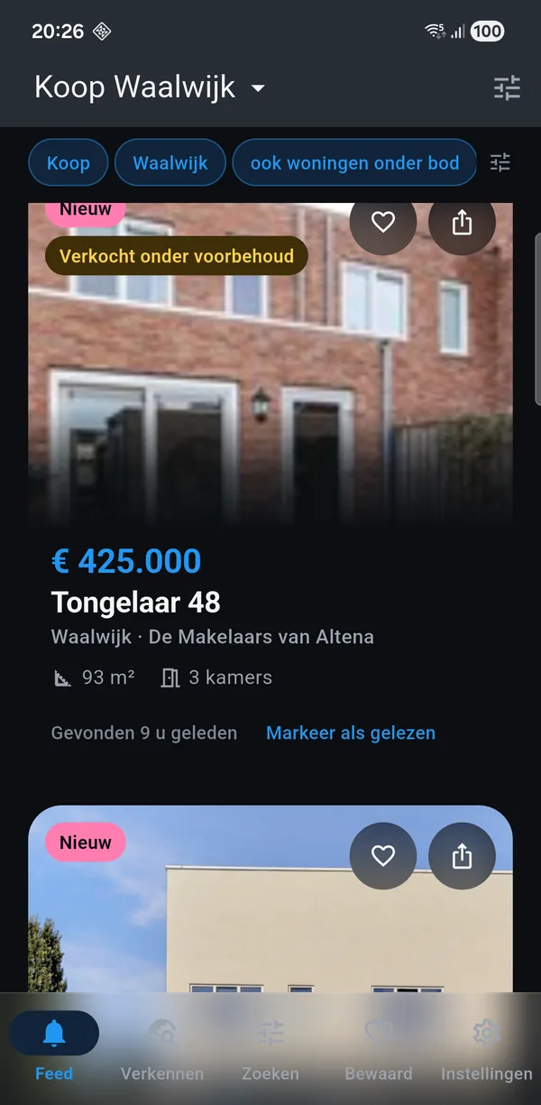 The app showing a for-sale search for Waalwijk: new homes with
asking price, floor area and the number of rooms.