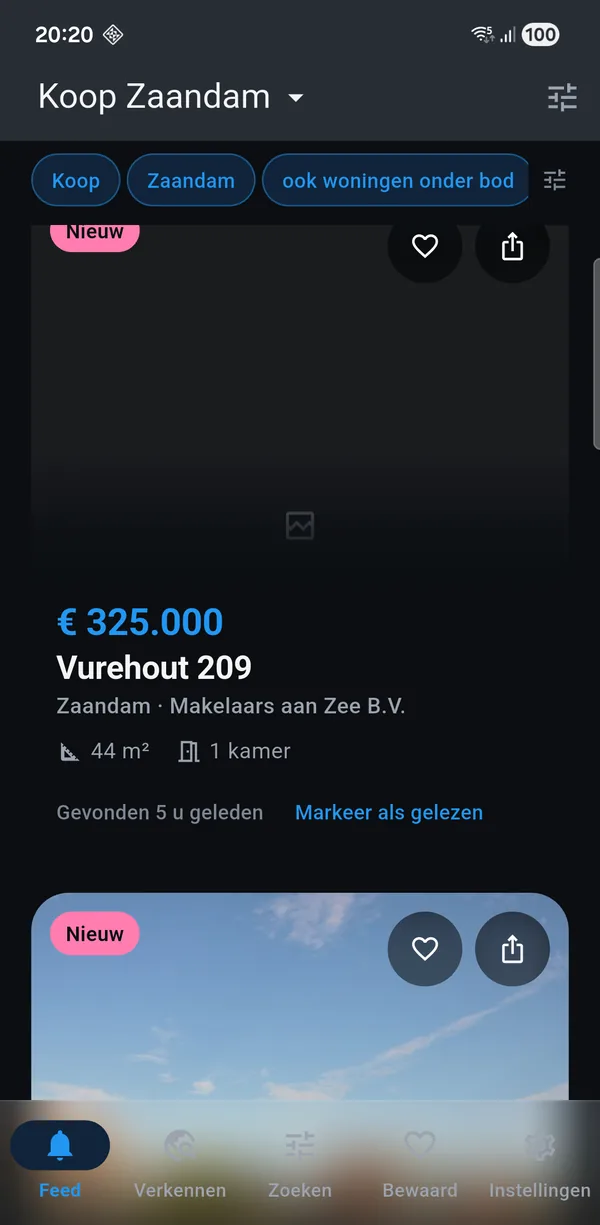 The app showing a for-sale search for Zaandam: new homes with
asking price, floor area and the number of rooms.