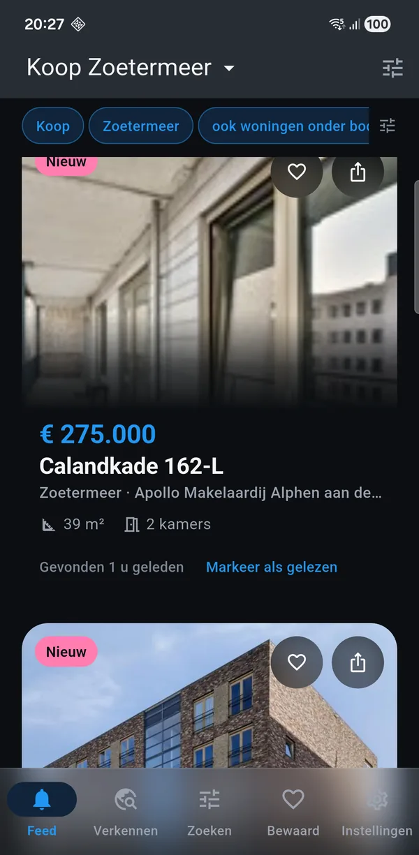 The app showing a for-sale search for Zoetermeer: new homes with
asking price, floor area and the number of rooms.