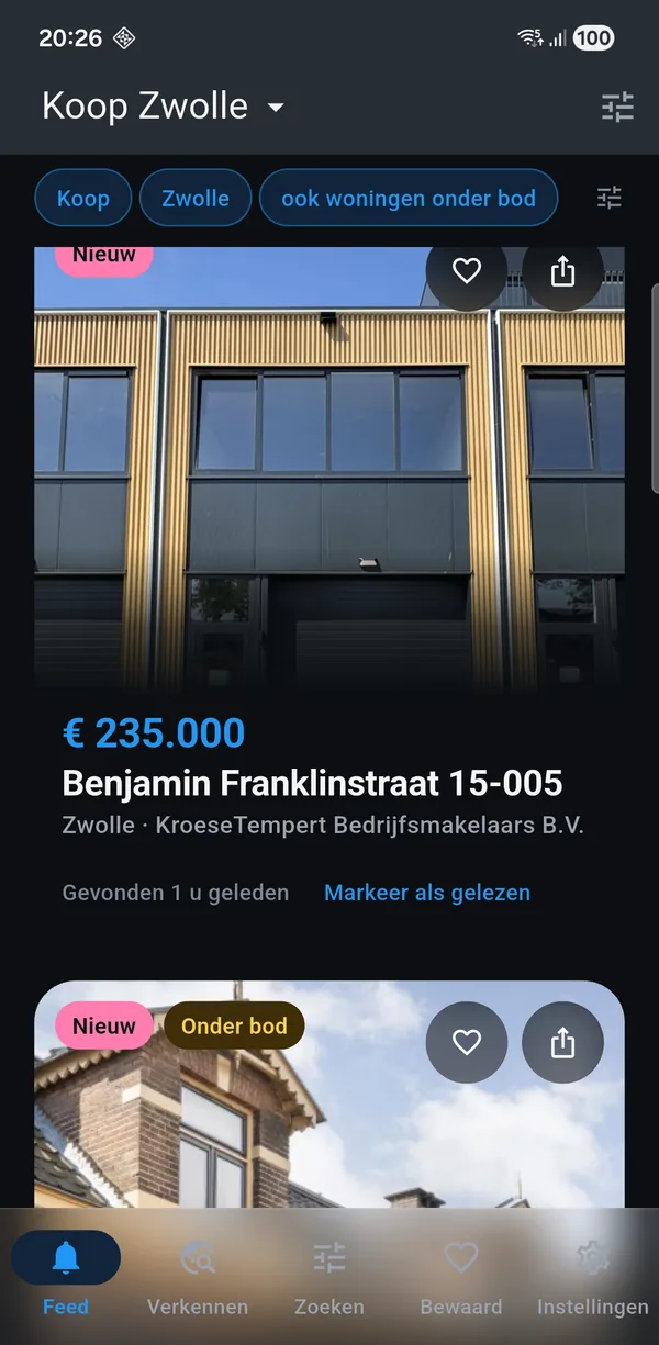 The app showing a for-sale search for Zwolle: new homes with
               asking price, floor area and the number of rooms.