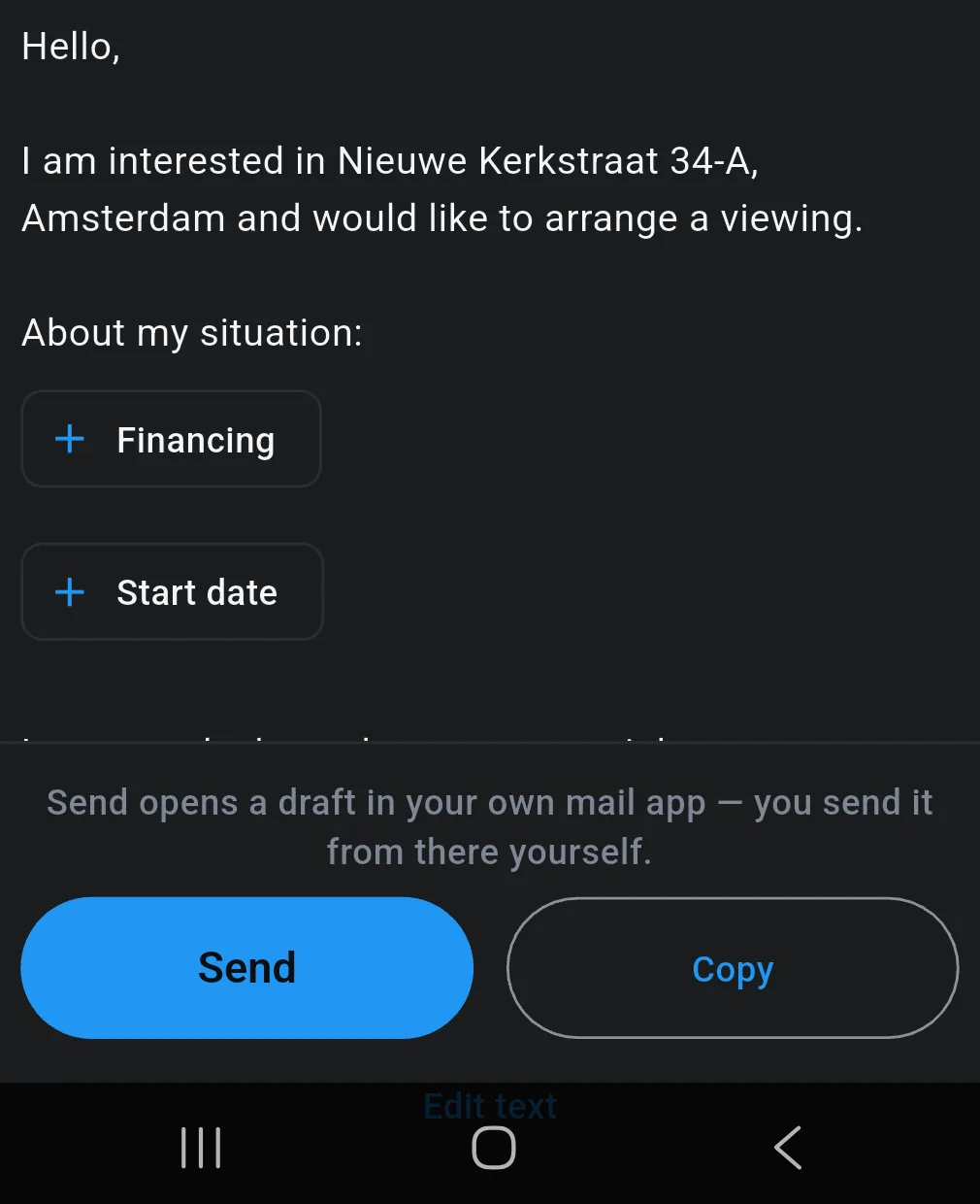 The pre-written message to the agent, with buttons to add your financing and move-in date from your saved file.