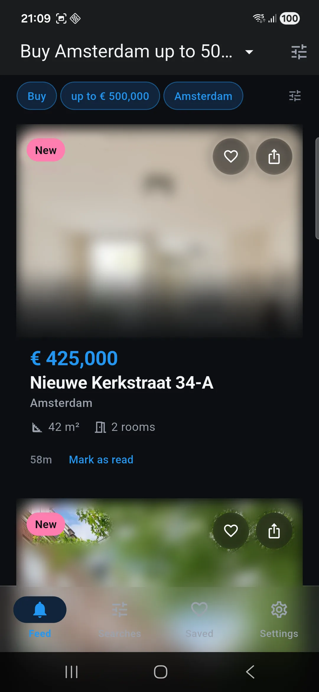 The feed in the app: a € 425,000 home on Nieuwe Kerkstraat in Amsterdam, flagged as new, found 58 minutes ago.