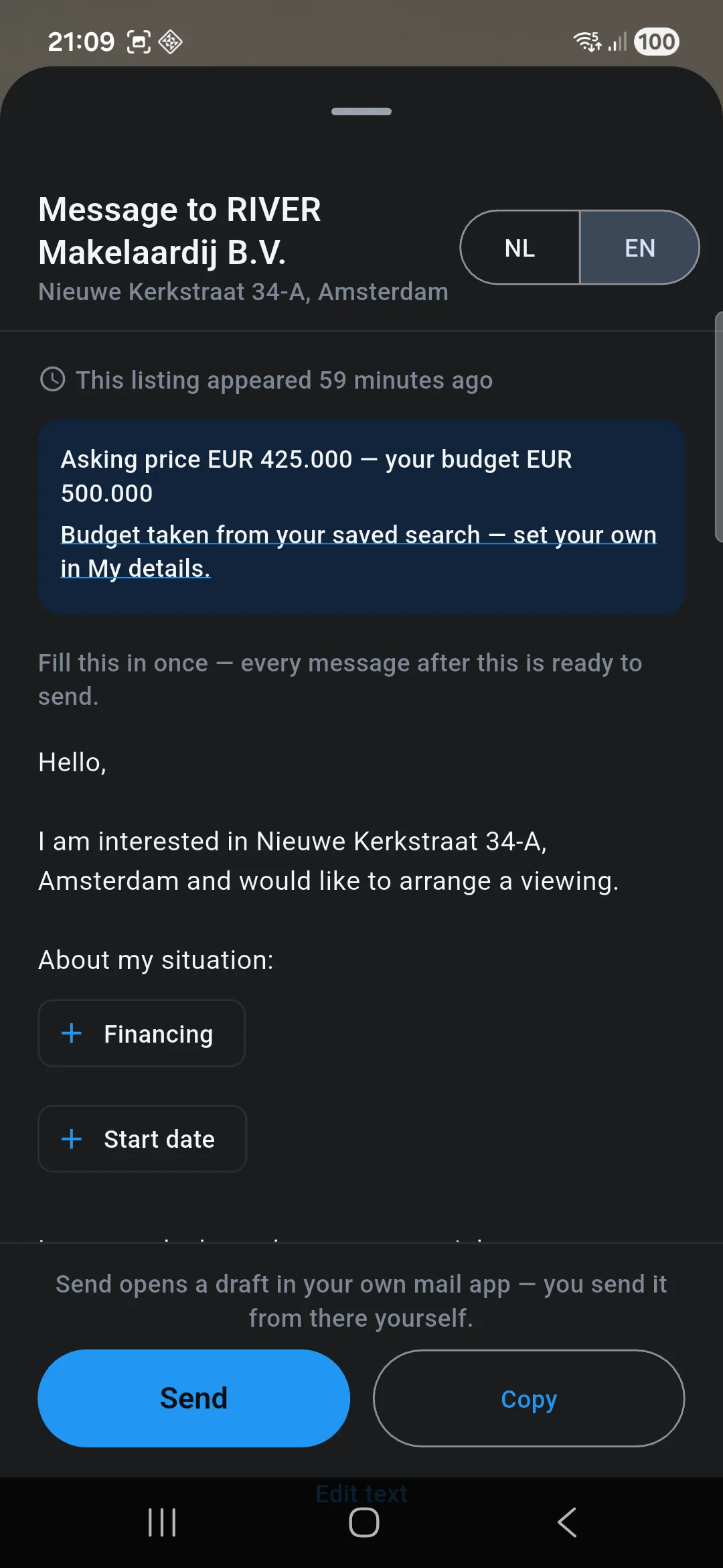 The reply screen in the app: a pre-written message to the agent, with a note at the top that the home appeared 19 minutes ago.