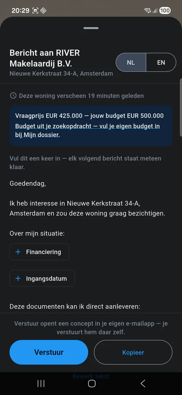 Het reageer-scherm in de app: een vooraf opgesteld bericht aan de makelaar, klaar om te versturen.